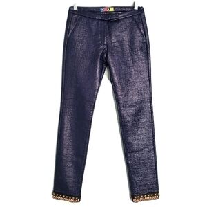 MSGM Crinkled Vinyl Blue Pants Studded Chain Zipper Hem